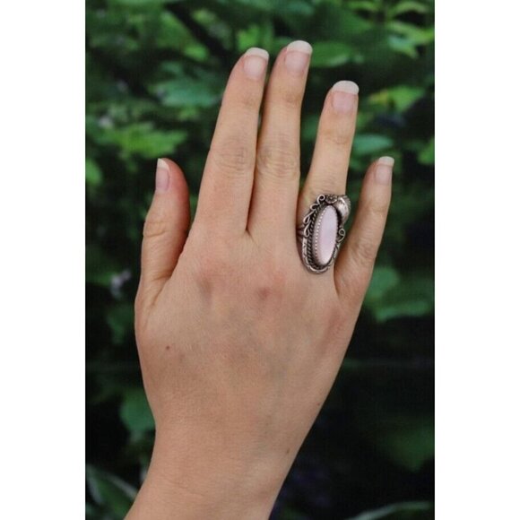 Sterling Silver Pink Mother of Pearl Flower Leaf Ring Size 7 1/4 Signed E - Picture 3 of 7